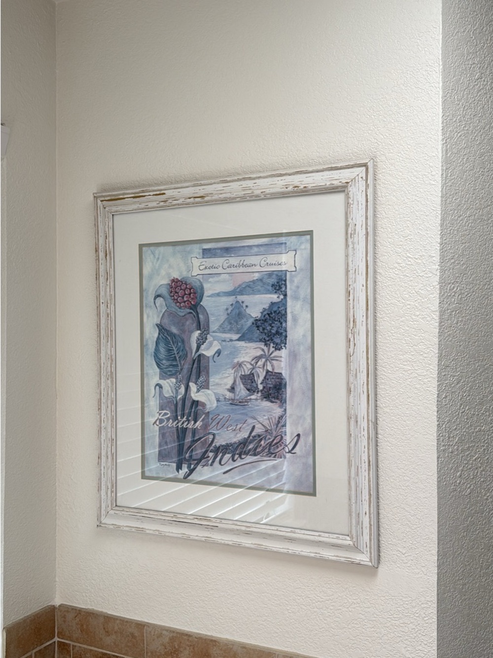 Framed Botanical Coastal Print in Soft Blue and Cream. Purchased at Ethan Allen